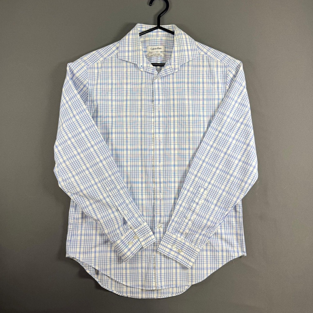 Calvin Klein Slim Fit Plaid Long Sleeve Shirt Blue White Size Small S